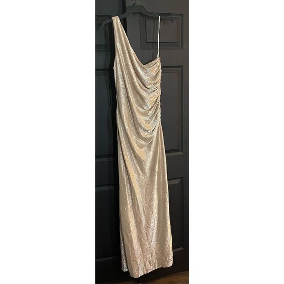 Calvin Klein One-Shoulder Gown with Side Ruching and Beaded Detail - Picture 4 of 10